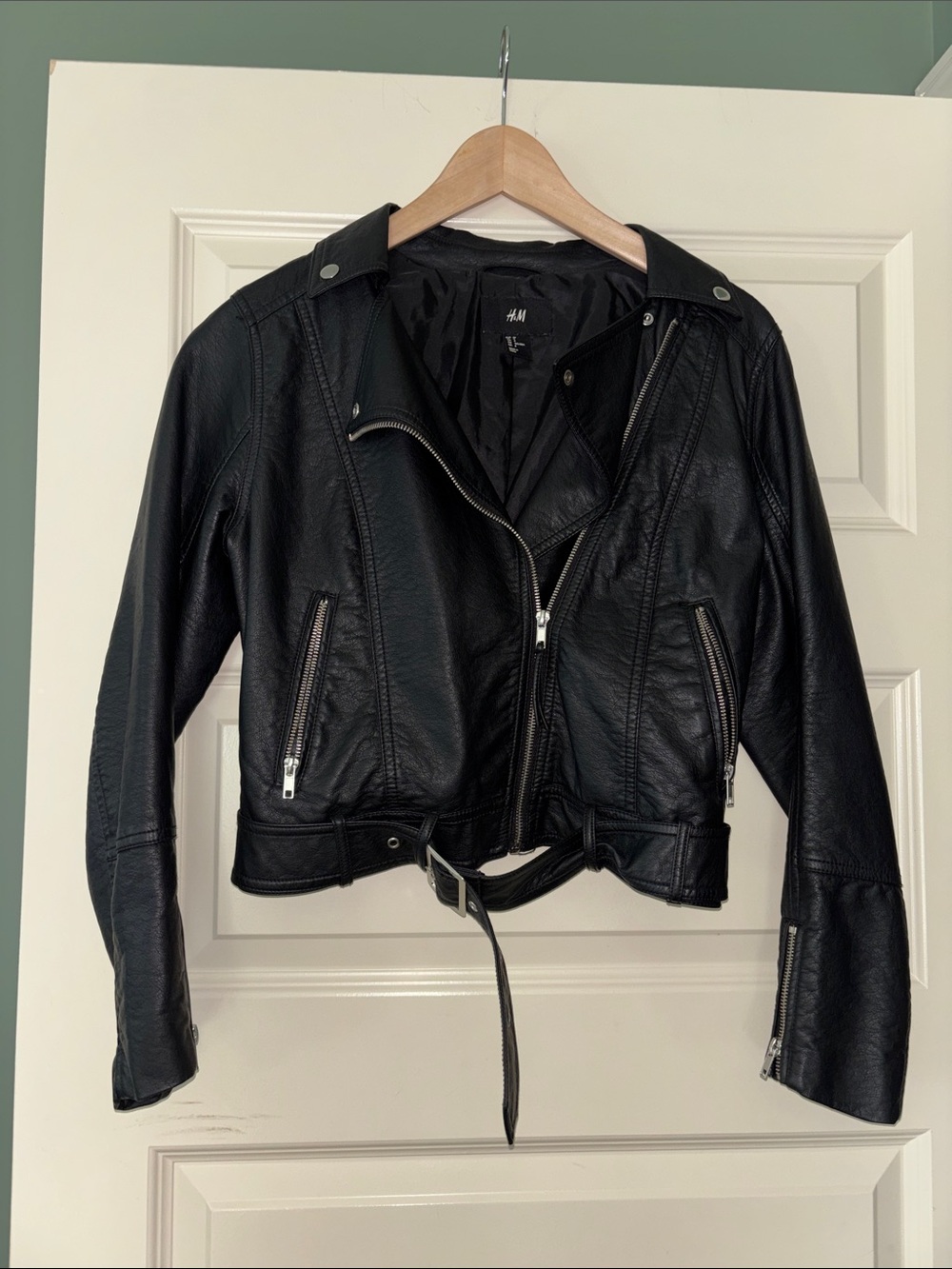 H&M Black Faux Leather Biker Jacket with Belted Hem